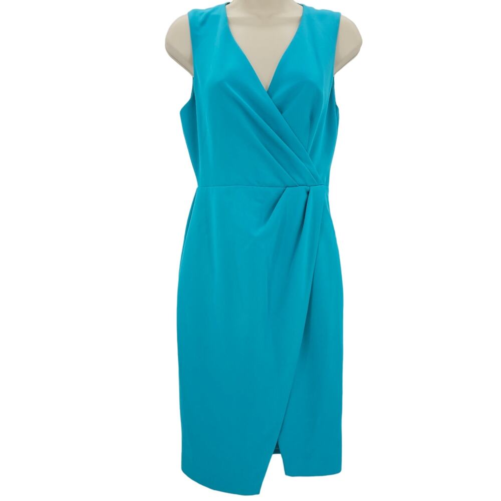 Black Halo Womans size 2 Blue Nora Mini Dress V-Neck Faux Wrap Waist Made in USA